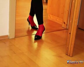 Red Stockings & Stiletto Footplay Under Leggings