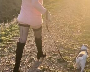 Sexy mini dress, thigh high boots, couture nylon stockings and exhib in public