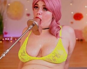 Suck the big dildo and spit on tits wore a bright green bra